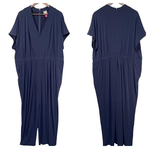 Vince Camuto Women Size 3X Dark Blue Jumpsuit V-Neck Elastic‎ Waist Pockets - Picture 1 of 16